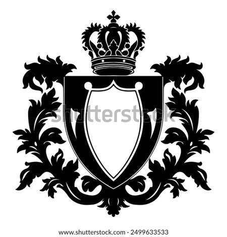 Royal Vintage Heraldic Shield Silhouette with king crown outline thick view isolated white background