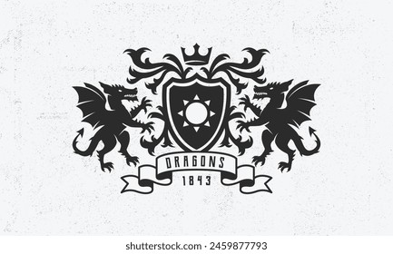 Logotipo vintage real. Logo de Plantilla de cresta heráldica con dragones de pie. Cartel de diseño moderno. Etiqueta, insignia, emblema para escudo de armas, Antiguas Crest, logotipo de lujo. Ilustración vectorial