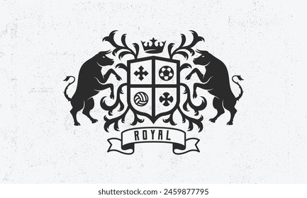 Royal vintage logo. Heraldic crest template logo with standing bulls . Modern design poster. Label, badge, emblem for Coat of Arms, Vintage Crest, Luxury logo. Vector illustration