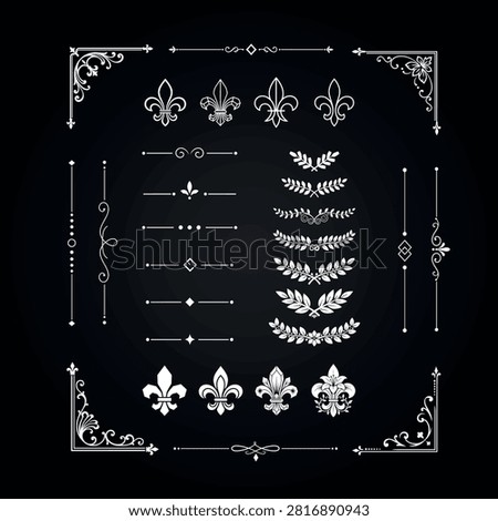 Royal vintage ornament set with fleur de lis laurel wreaths corner borders and text dividers on dark background