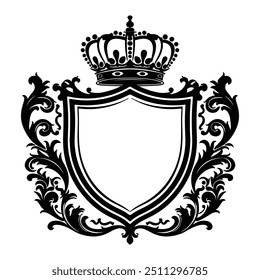 Royal Vintage ornament shield with crown, heraldic medieval outline thick view isolated white background