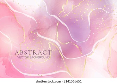 Royal violet, crimson and grey liquid watercolor background with golden brushstrokes. Elegant rose fluid marble alcohol ink drawing effect with gold lines. Vector illustration for wedding invitation.