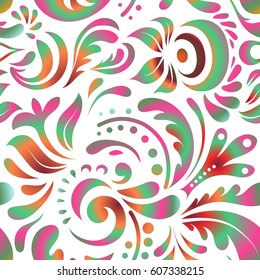 Royal wallpaper. Abstract doodles on a white background. Damask seamless doodle pattern in orange, green and red colors. Vector stylish ornament.