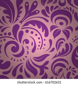 Royal wallpaper with abstract doodles. Vector stylish ornament. Damask seamless doodle pattern in neutral and purple colors.