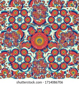  Königliche Tapete mit abstrakten Blumen.Stilvolles Dekor der Vektorillustration. Damast nahtlose Blumenmuster in orangefarbenen, blauen und rosafarbenen Farben.