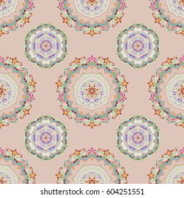 Royal wallpaper with abstract flowers. Vector stylish ornament. Damask seamless pattern in green and beige colors.