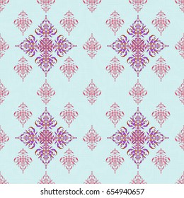 Royal wallpaper with abstract flowers. Vector stylish ornament. Damask seamless pattern in violet and red colors.