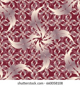 Royal wallpaper with abstract flowers. Vector stylish ornament. Damask seamless pattern in beige, pink and red colors.