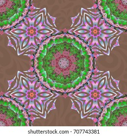 Royal wallpaper with abstract flowers. Vector stylish ornament. Damask seamless pattern in blue, pink and green colors.