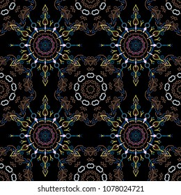 Royal wallpaper. Vector stylish ornament. Abstract flowers on a black background. Damask seamless floral pattern in blue, yellow and brown colors.