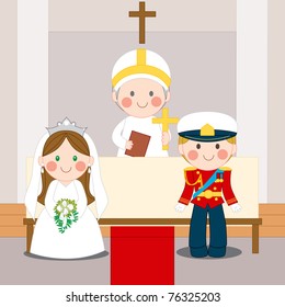 Royal wedding ceremony of Prince and Princess inside church with Bishop