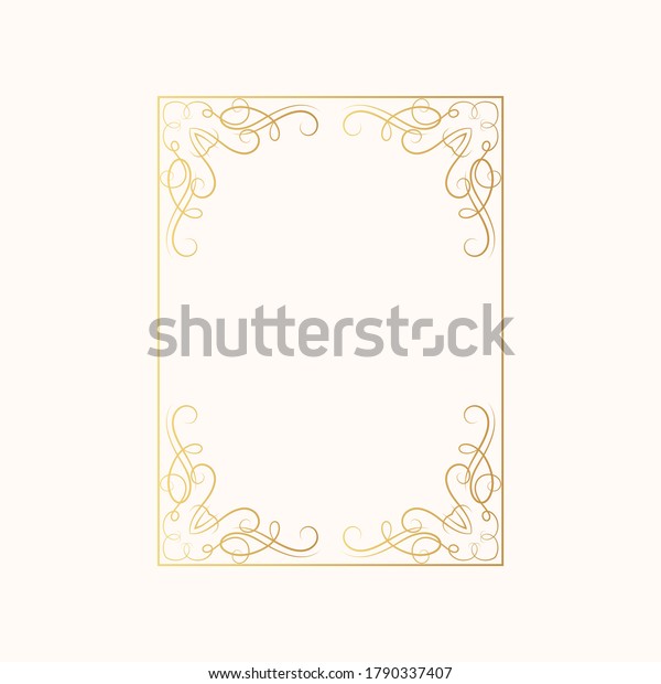 Royal wedding invitation card\
template. Vintage royal frame with gold filigree decor elements.\
Vector isolated hand drawn golden rectangular swirl border.\
