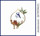 Royal wedding logo with AS, featuring a decorated camel, palace, and leafy motif.