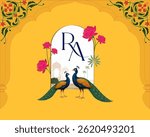 Royal wedding logo with RA monogram, peacocks beneath arch, Lotus and vibrant yellow traditional background 