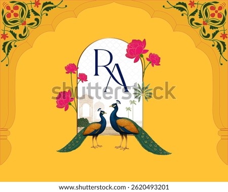 Royal wedding logo with RA monogram, peacocks beneath arch, Lotus and vibrant yellow traditional background 