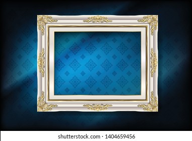 Royal White art vintage frame and gold border, white photo frame with corner Thailand line floral for picture, Vector design decoration on pattern style. border design is pattern