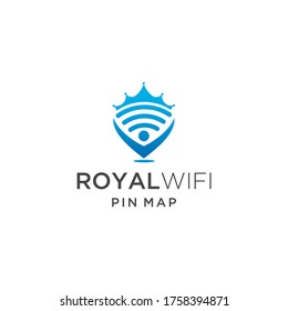 Royal wifi signal pin map logo design, digital symbols, internet area illustrations.