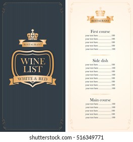 Royal wine list menu with a crown and price in red and gold color