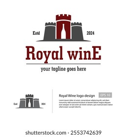 Royal Wine logo template with a castle silhouette and negative space of wine bottle.