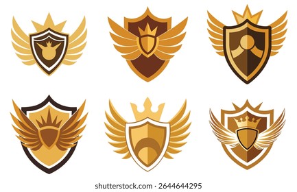 Royal Winged Shield Vetor Emblems with Crowns, Vintage Heraldic Logo Set for Branding and Design, Golden Winged Shield Logos with Crowns, Royal Vetor Emblem Set for Luxury Branding and Heraldry