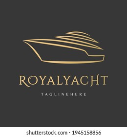 Royal yacht club logo abstract graphic design template golden boat on black background.Rent and sale of yachts, fishing.Sea cruise icon,ship business sign,symbol ocean premium voyage travel.Vector.