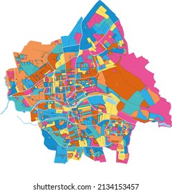 RoyalLeamingtonSpa, West Midlands, England colorful high resolution vector art map with city boundaries. White outlines for main roads. Many details. Blue shapes for water. 