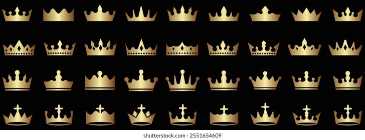 Royals crown symbol silhouette. Set of black crown icons collection. Vector king and queen crowns black icon on white background. Emblem and Royal symbols.