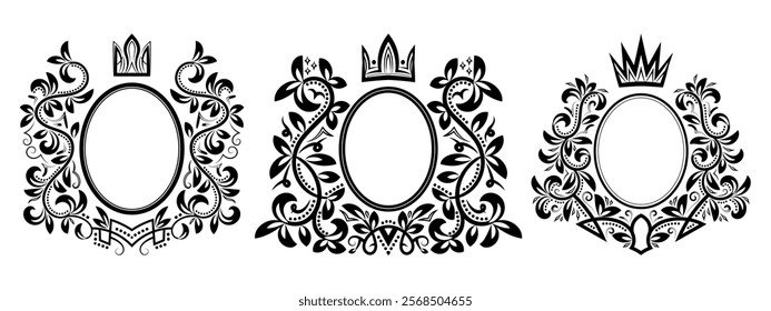 Royal-themed black vector frames with crowns and detailed floral designs. Perfect for luxury invitations, regal branding, and elegant decoration. Transparent background for versatile use.