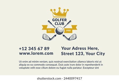 Royal-themed golf club membership card with crown and golf equipment, luxury design, vector illustration, ideal for exclusive member benefits and services.