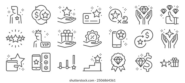 Royalty benefit icon set. It included awards, benefits, bonuses, incentives, and more icons. Editable Vector Stroke.
