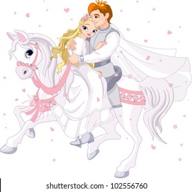 Royalty bride and groom on white horse