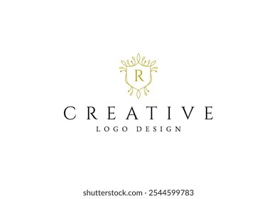 Royalty símbolo de escudo coroa emblema luxo linha arte vetor design Logo Ilustração.