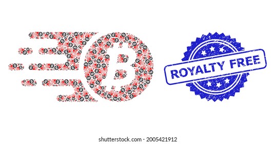 Royalty Free grunge stamp seal and vector recursive mosaic bitcoin coin. Blue seal contains Royalty Free title inside rosette. Vector mosaic is made from recursive rotated bitcoin coin items.