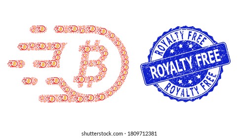 Royalty Free scratched round seal and vector recursive collage bitcoin. Blue seal contains Royalty Free text inside round shape. Vector collage is created with random bitcoin items.