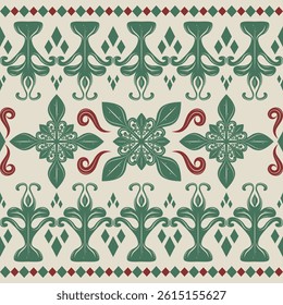 Royalty Greenish Scroll Ornament with Neatly Detailed on Beige Background. Beautiful Rainforest Vibe Inspired Pattern for Delicate Art Work Decoration Wallpaper Interior Apparel Clothes Scarf Lace Rug