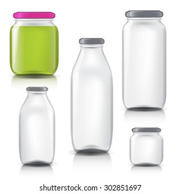 royalty image of glass bottles empty transparent. realistic objects on isolated background. pot for your design.  glass bottles for milk, juice. Isolated objects for your product design. 