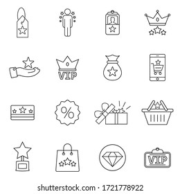 Juego de iconos de línea del programa de regalías. Iconos incluidos como miembro, VIP, exclusivo, diamante, placa, alto nivel y más. Diseño web, aplicación móvil.