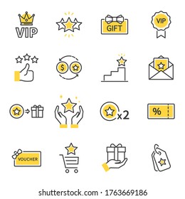Royalty program line icon set. Included icons as member, VIP, Exclusive, Reward, Voucher, High level, Gift Cards, Coupon, outline icons set,  Simple Symbol, Badge,  Sign. Flat Vector thin line Icon