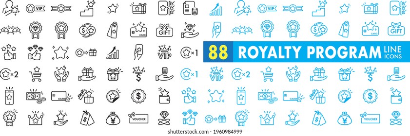 Royalty program line icon set. Included icons as member, VIP, exclusive, diamond, badge, high level and more.