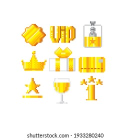 Royalty program pixel icon set. Included icons as member, VIP, Exclusive, Reward, Voucher, High level, Gift Cards, Coupon, outline icons set, Simple Symbol, Badge, Sign. Pixel art 8-bit style.