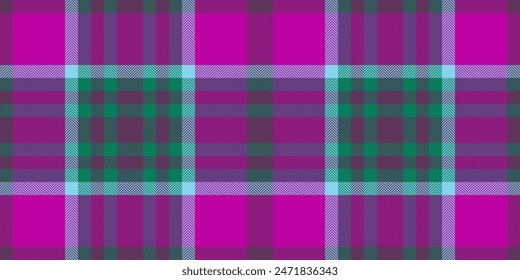 Royalty tartan texture seamless, multicolored plaid pattern fabric. British vector textile background check in magenta and teal color.