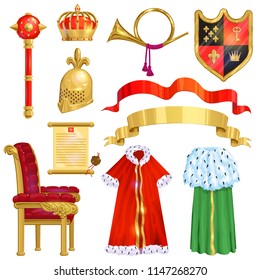 Royalty vector golden royal crown symbol of king queen and princess illustration sign of crowning prince authority set of crown jeweles and throne isolated on white background