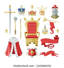 Royalty vector golden royal crown symbol of king queen and princess illustration sign of crowning prince authority set of knightman helmet and throne isolated on white background