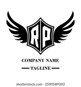 RP bold shield logo with wings, customizable with letters A to Z. Perfect for brands seeking a powerful symbol of strength, freedom, and ambition
