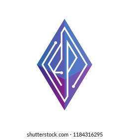 RP Initial letter block chain logo icon vector template. Looping mono line circuit letter on rhombus cube logo