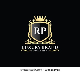 RP Letra inicial, texto dorado con monograma heráldico con mano floral femenina, diseño de logotipo de lujo estilo vintage antiguo.