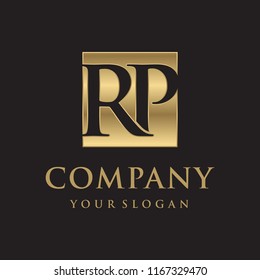 RP initial letters looping linked box elegant logo golden black background