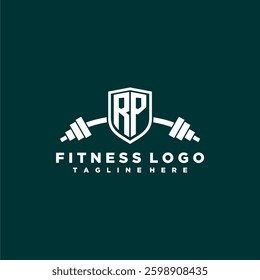 RP initial monogram for fitnes or gym logo with creative shield and barbell design