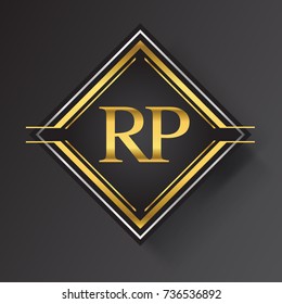 RP Letter logo in a square shape gold and silver colored geometric ornaments.
