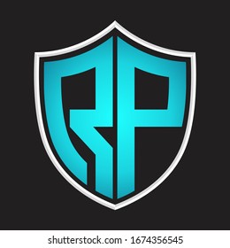Monograma del logotipo RP con forma de escudo colores azules aislados en la plantilla de diseño de esquema